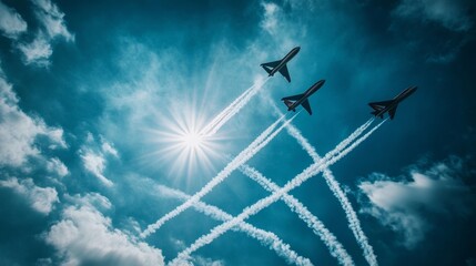 Naklejka premium Airshow planes create a star formation, leaving smoke trails across the sky. 