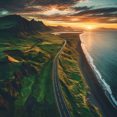 Scenic Road in Iceland: Aerial Panorama of Beautiful Nature Landscape with Mountains and Coast at Sunset