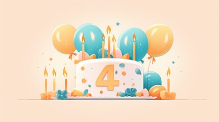 Fototapeta premium number 4 candle on a fourth year birthday cake celebration with balloons and party decoration as banner