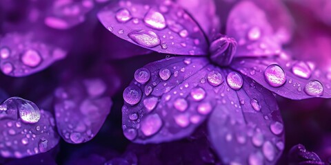 Macro shot of petals with dew drops, creating an enchanting and fresh appearance in vivid purple tones.