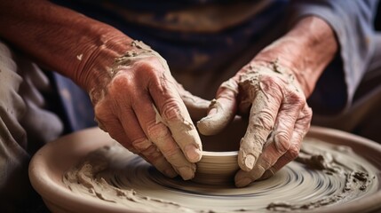 Close-up of elderly hands skillfully shaping clay on a pottery wheel, capturing the artistry and tactile engagement of the craft.