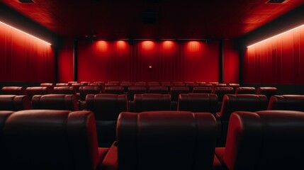 Fototapeta premium Spacious cinema theater with red seating for films and concerts in a modern auditorium design