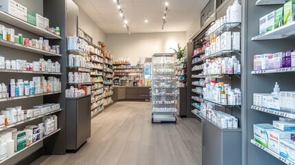 Fototapeta premium A clean and modern pharmacy interior with neatly arranged shelves full of medicines, health products, and supplements. Bright lighting highlights the organized displays.