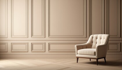 Beige Chair in Empty Studio with Classic Wall Panels
