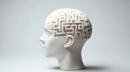 A head with a maze inside, symbolizing complex thoughts and confusion. Mind maze.


