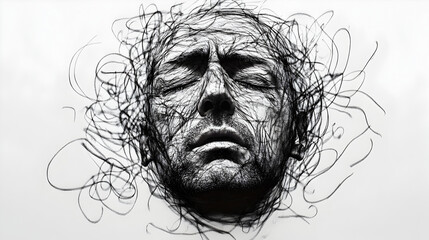 A mind surrounded by chaotic scribbles, symbolizing overthinking. Chaotic thoughts.


