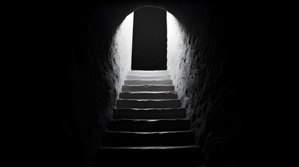 A set of stairs leading to a dark doorway, symbolizing the unknown in mental health struggles. Journey into the unknown.


