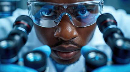 A focused scientist examines samples through a microscope in a laboratory setting