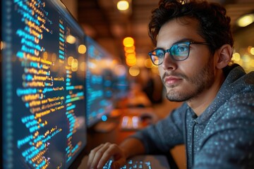 Focused programmer working late at night on coding tasks in a modern office environment - Powered by Adobe