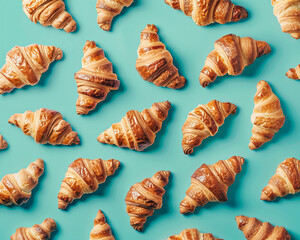 Pattern made of fresh croissants on a pastel green background.