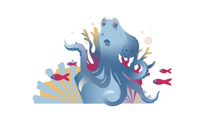 Cute Octopus on a coral reef, cartoon style, vector
