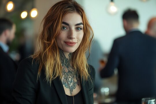Confident tatooed irish american businesswoman at an office event networking with fellow professionals