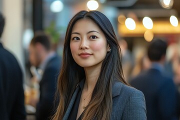 Fototapeta premium Confident asian american businesswoman at an office event networking with fellow professionals