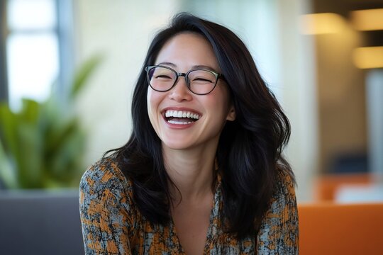 Joyful asian american businesswoman with glasses laughing in a bright office setting, modern workplace, positive work environment