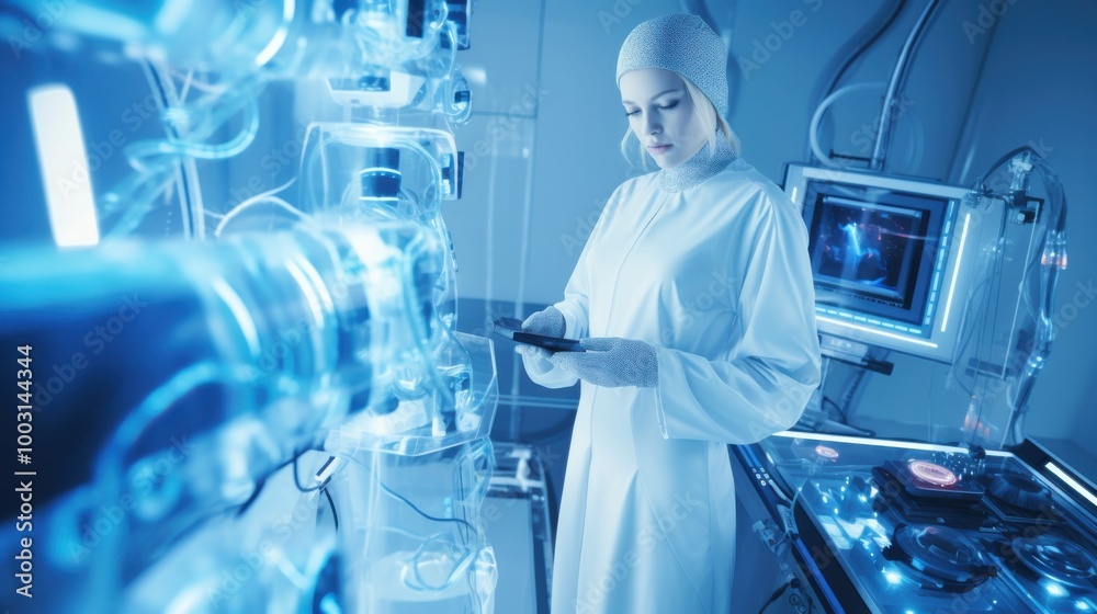 Wall mural a scientist in a cleanroom operates advanced devices, surrounded by a blue-glowing array of scientif
