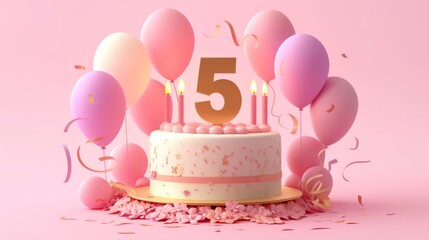 number 5 candle on a fifth year birthday cake celebration with balloons and party decoration as banner