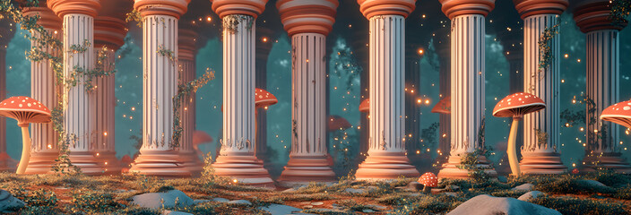 Enchanted forest with towering trees and glowing mushrooms Vector flat minimalistic isolated illustration