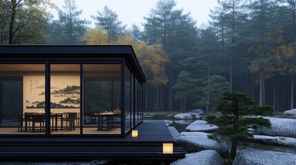 Fototapeta premium A tranquil outdoor dining space showcases a black steel frame with glass walls. Surrounded by lush bonsai trees and rockery, it offers a perfect evening atmosphere