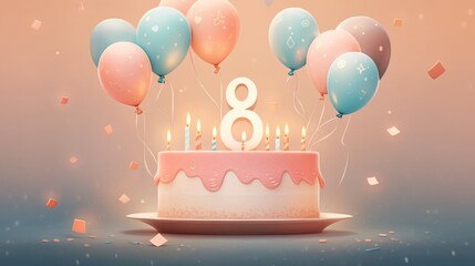 number 8 candle on a eighth year birthday cake celebration with balloons and party decoration as banner  