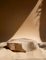 Stone podium on sand with palm shadow