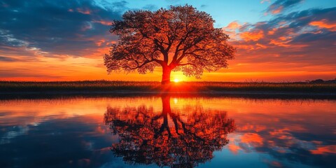 Obraz premium A solitary tree stands against a vibrant sunset backdrop, its silhouette vividly reflected in the calm water below.