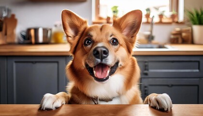 happy dog ​​in the kitchen - asking for food