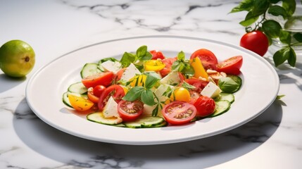 A fresh, colorful salad with sliced cucumbers, vibrant tomatoes, cheese cubes, and basil garnished meticulously, set on a sleek marble tabletop.