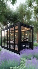 A cozy coffee shop built from a black shipping container features large windows, a wooden deck, and blooming purple flowers, all nestled amidst green trees and soft cinematic lighting