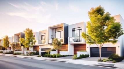 A row of modern, stylish townhouses with large windows and manicured greenery under a bright sky, reflecting contemporary architecture and suburban living.