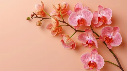 Pink Orchid flower on soft color background, romantic feminine composition, wedding invitation concept.