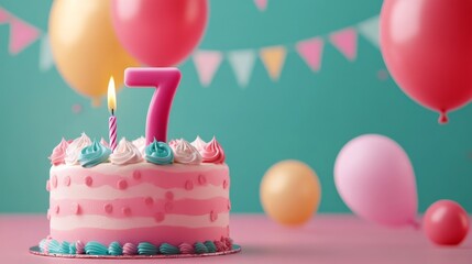 number 7 candle on a seventh year birthday cake celebration with balloons and party decoration as banner 