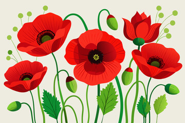 Vibrant illustration of red poppy flowers with delicate green stems and leaves. Flower poppy blossom bud or bloom flat isolated