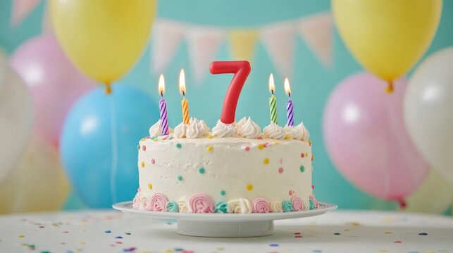 number 7 candle on a seventh year birthday cake celebration with balloons and party decoration as banner 