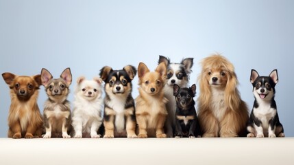 Nine adorable dogs of various breeds sit lined up against a plain background, each displaying unique expressions and postures.