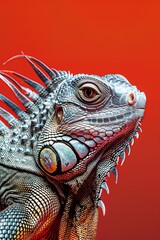 Fototapeta premium vertical closeup profile portrait of iguana lizard on bright red background