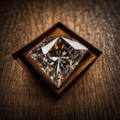 Large, brilliant-cut diamond set in wooden frame on wooden surface