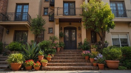 Fototapeta premium Two-story Mediterranean-style building with stone facade, wooden front door, and balcony on second floor. Entrance surrounded by potted plants and flowers, creating welcoming and charming atmosphere