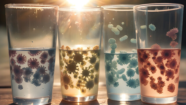 Glass with dirty water  as water pollution concept. hygiene and health concept with germs stickers on it.