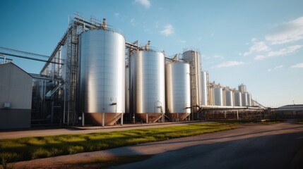A large industrial complex with gleaming metal silos stands against a backdrop of a clear blue sky, symbolizing modern industry and production.