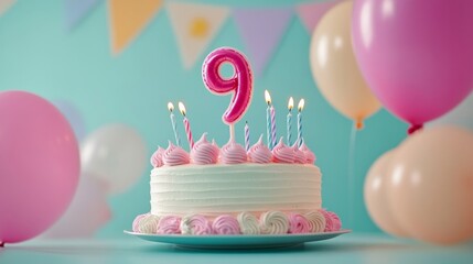 number 9 candle on a ninth year birthday cake celebration with balloons and party decoration as banner