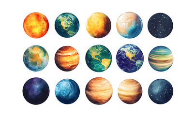 Watercolor vector illustration planet galaxy universe solar system stars set clipart sketch Mercury Venus Earth Mars Jupiter Saturn Uranus Neptune