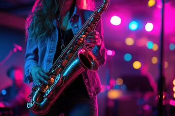 woman playing saxophone in bright neon concert lighting