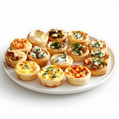 Assorted mini quiches on white plate with fresh ingredients and herbs