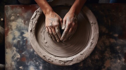 Hands of a potter shaping clay on a spinning pottery wheel, capturing the dynamic motion and earthy connection of the craft with flecks of clay on the hands.