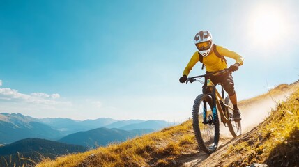 Obraz premium Mountain Biker Riding on Scenic Trail in Sunshine