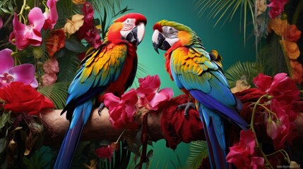 Fototapeta premium Two vibrant parrots perched among lush tropical foliage, highlighting their striking feathers and colorful surroundings.