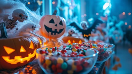 A festive party table covered in Halloween-themed decorations like black and orange tablecloths, skeleton-shaped treats, spooky cupcakes, and fake spiders. The table is lit with candles, setting the p