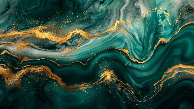 A close-up view of green and gold liquid marble swirls