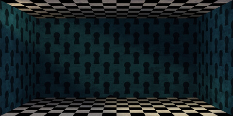 The wonderland room. Background of green walls and a chess floor. Mad Tea party. Colorful background for photo shoots and parties	