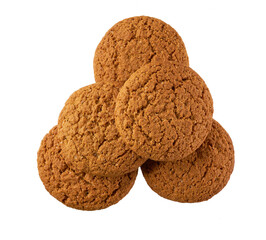 Heap of delicious oatmeal cookies isolated on white background, top view.